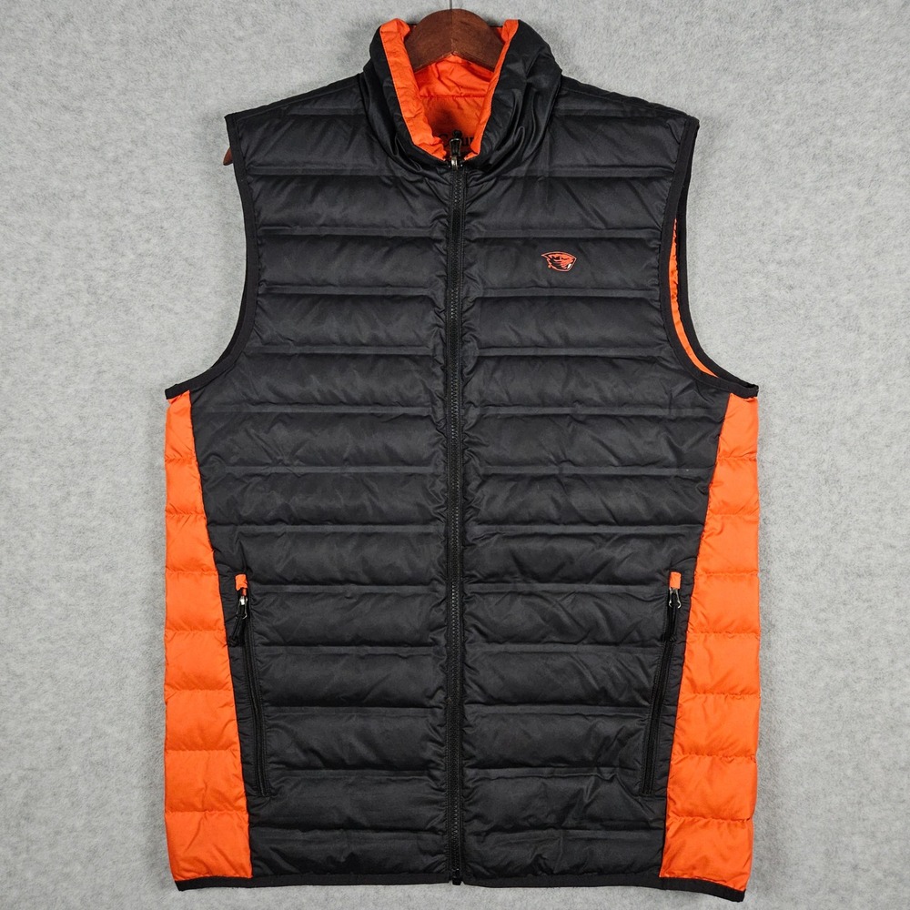 Columbia Mens Medium Down Puffer Vest Orange Black OSU Oregon State Beavers NCAA